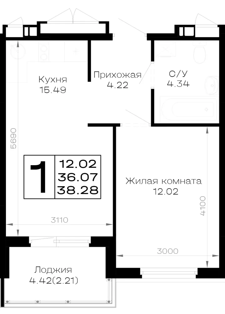 1-комн. 38.3 м²