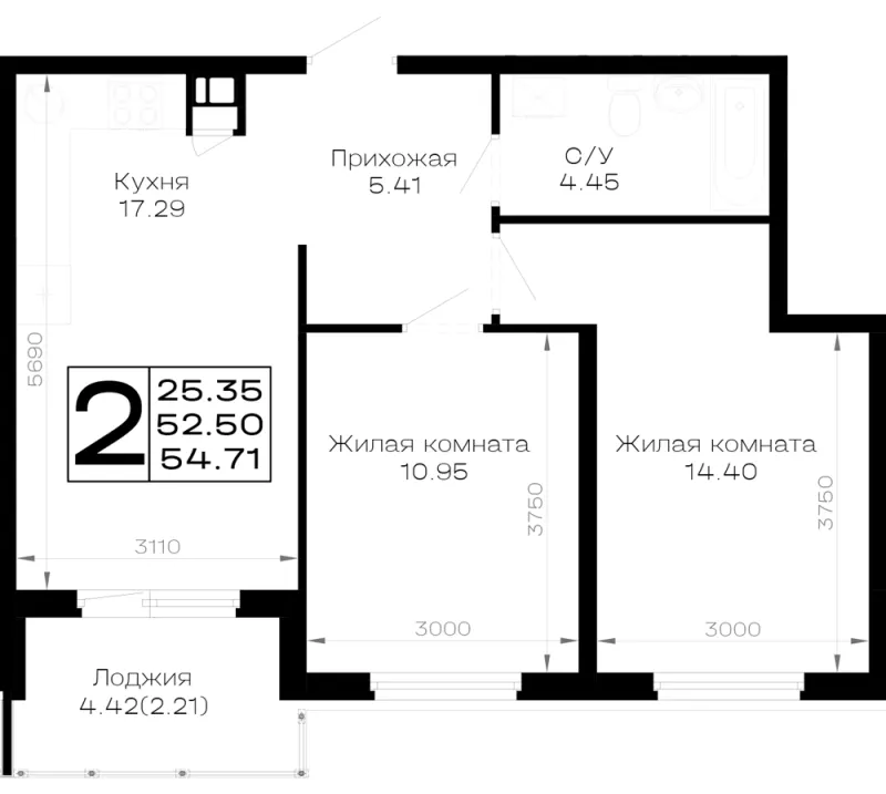 2-комн. 54.7 м²