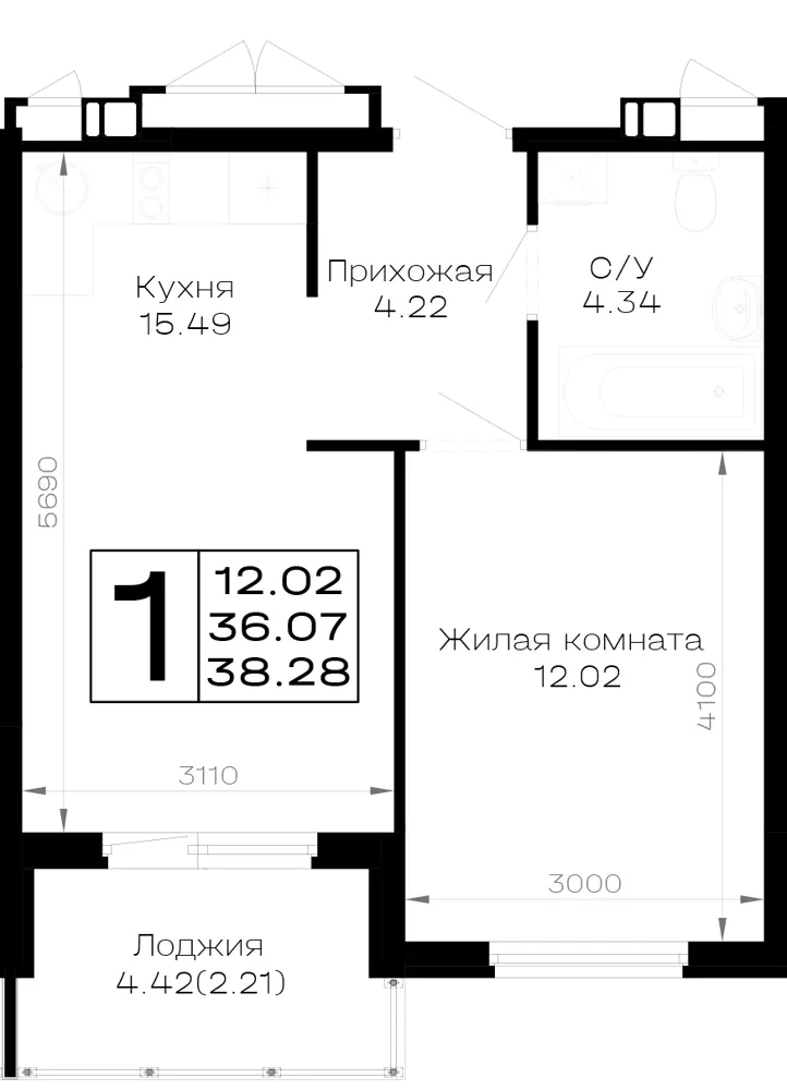 1-комн. 38.3 м²