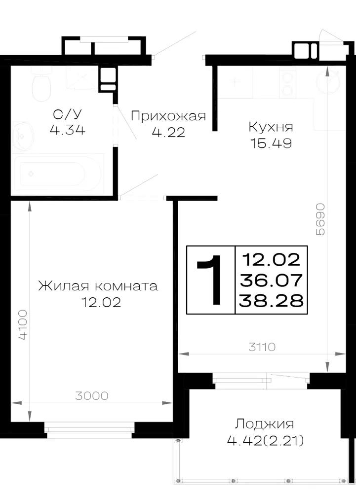 1-комн. 38.3 м²