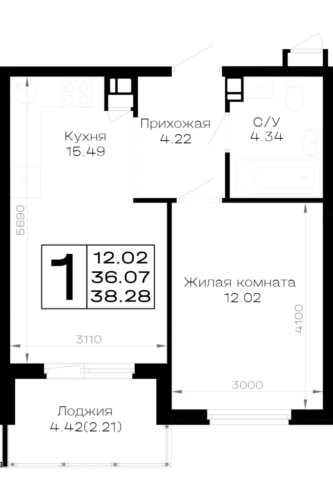 1-комн. 38.3 м²