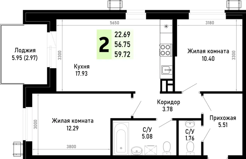 2-комн. 59.7 м²