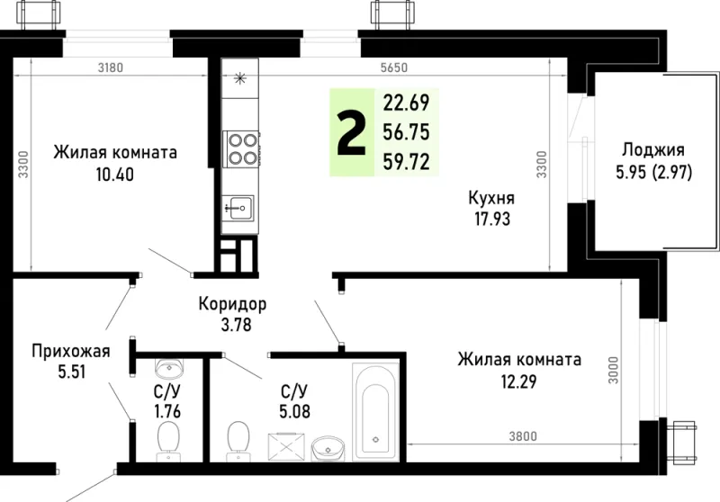 2-комн. 59.7 м²