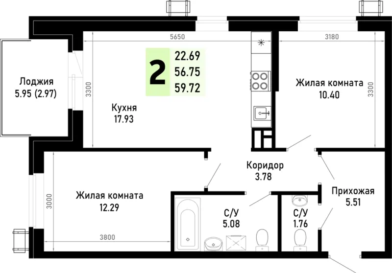 2-комн. 59.7 м²
