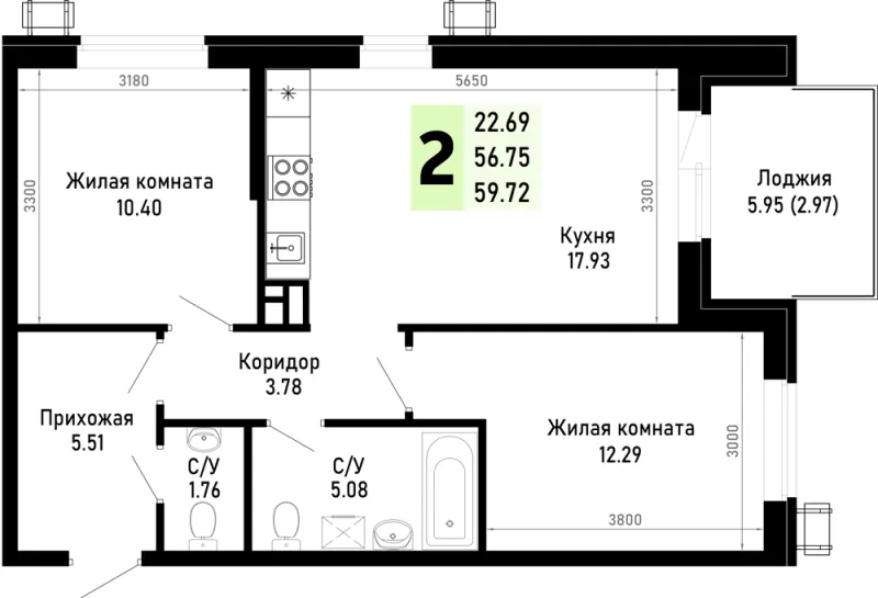 2-комн. 59.7 м²