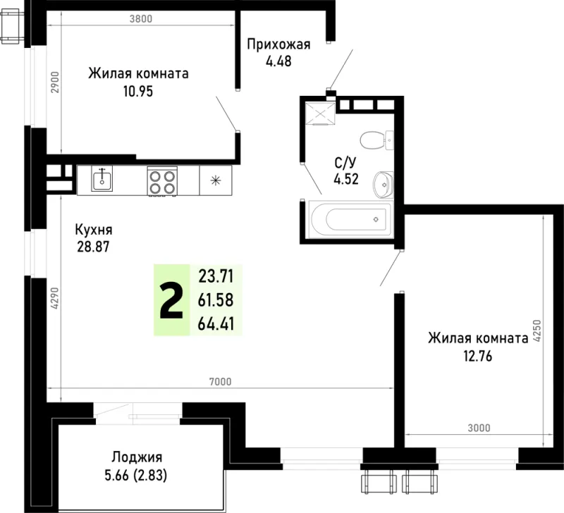 2-комн. 64.4 м²