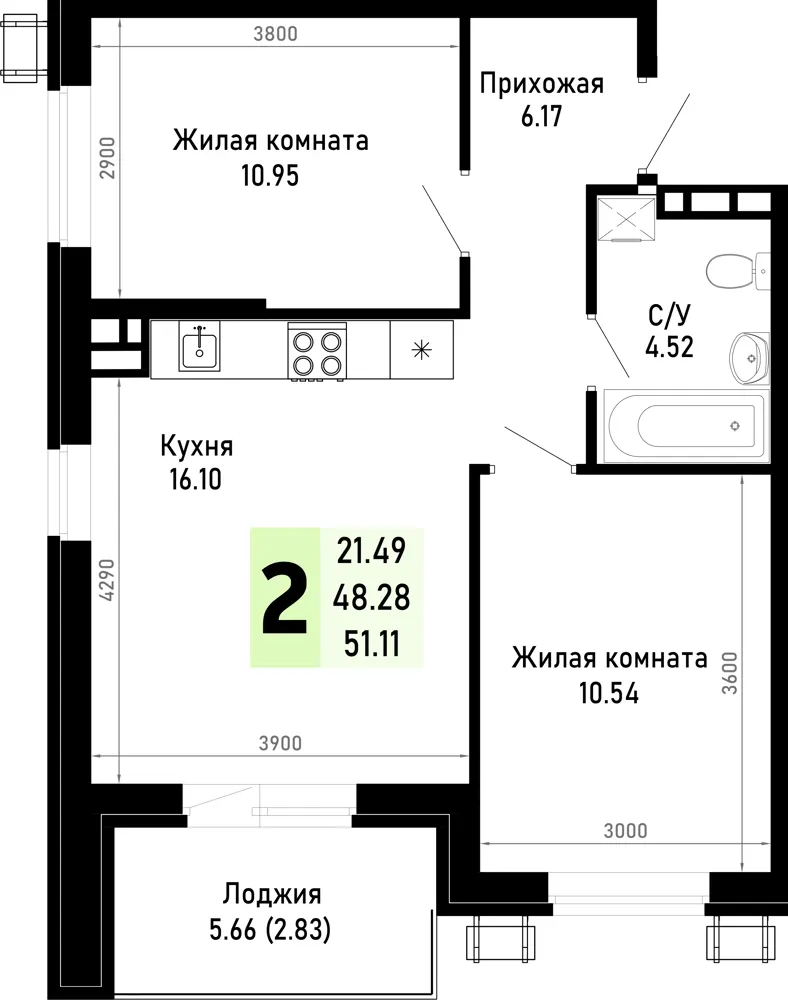 2-комн. 51.1 м²