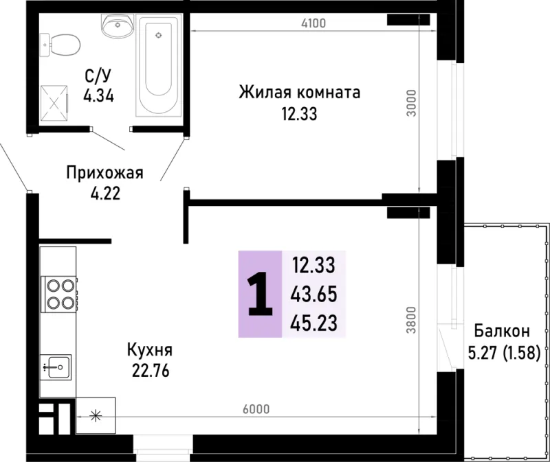 1-комн. 45.2 м²