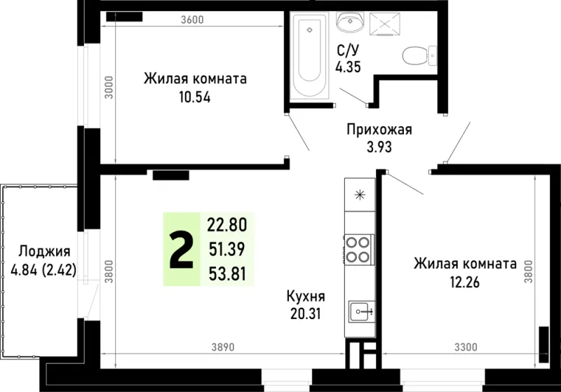 2-комн. 53.8 м²