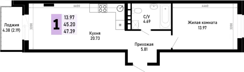 1-комн. 47.4 м²