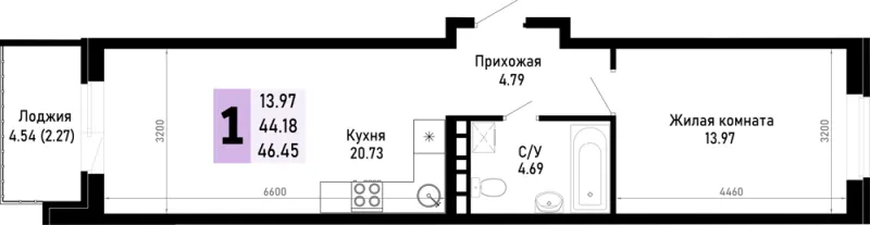 1-комн. 46.5 м²