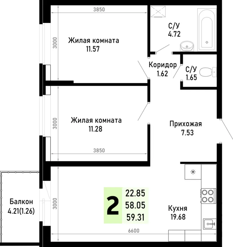 2-комн. 59.3 м²