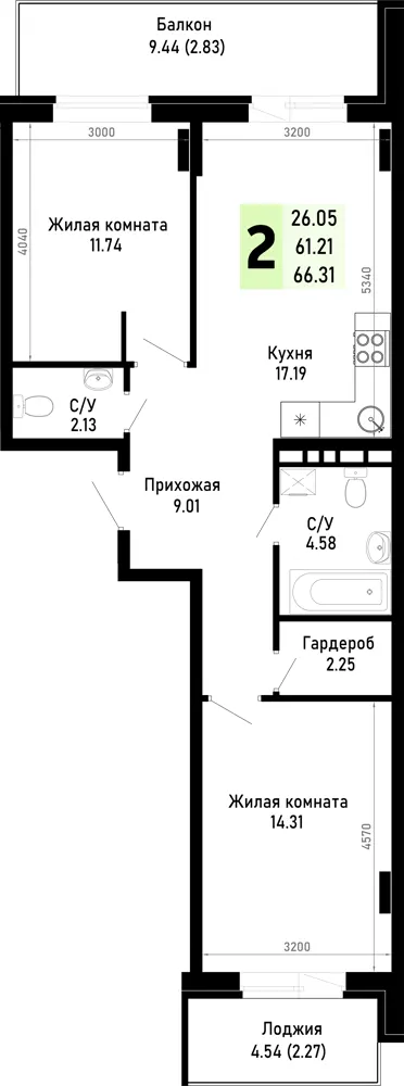 2-комн. 66.3 м²