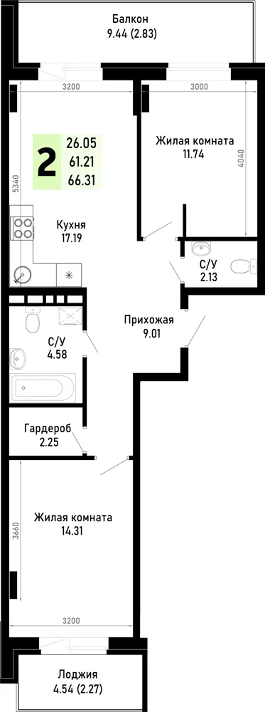 2-комн. 66.3 м²