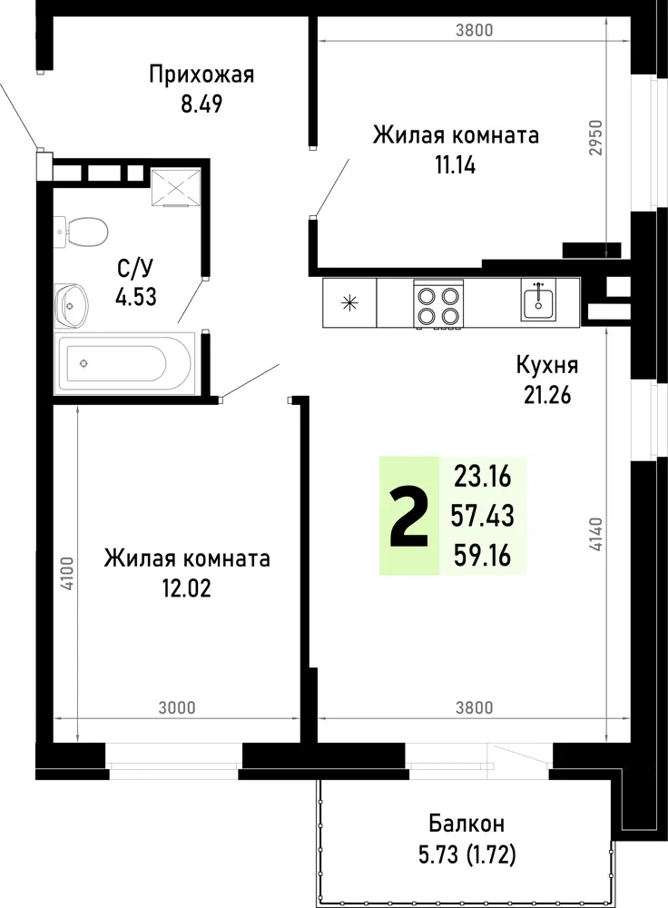 2-комн. 59.2 м²