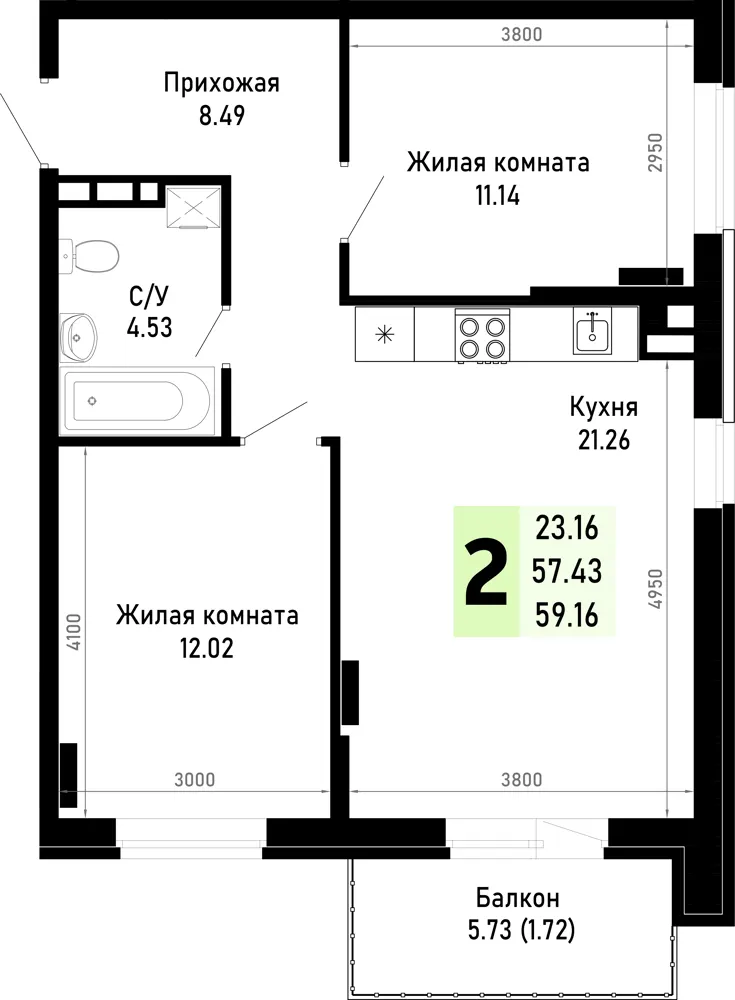 2-комн. 59.2 м²