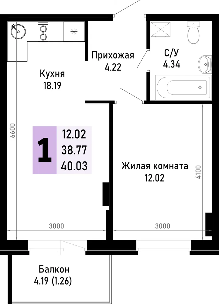 1-комн. 40 м²