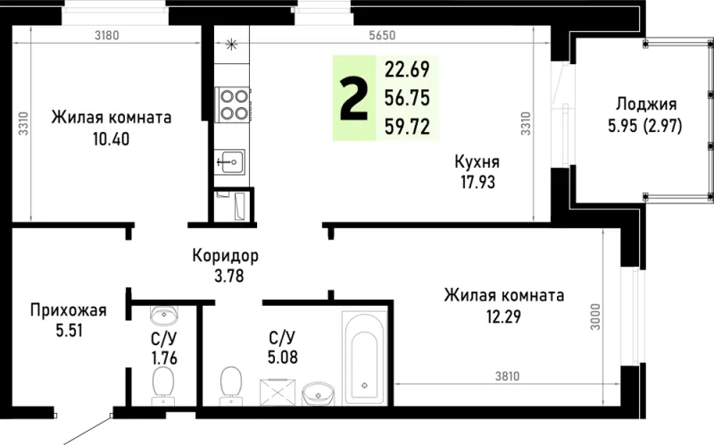 2-комн. 59.7 м²