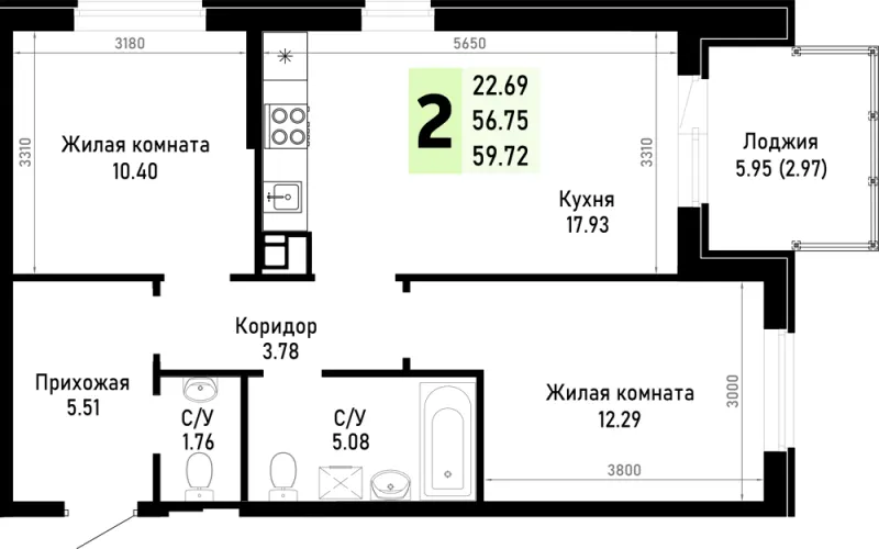 2-комн. 59.7 м²