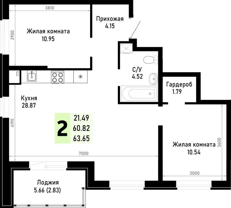 2-комн. 63.7 м²