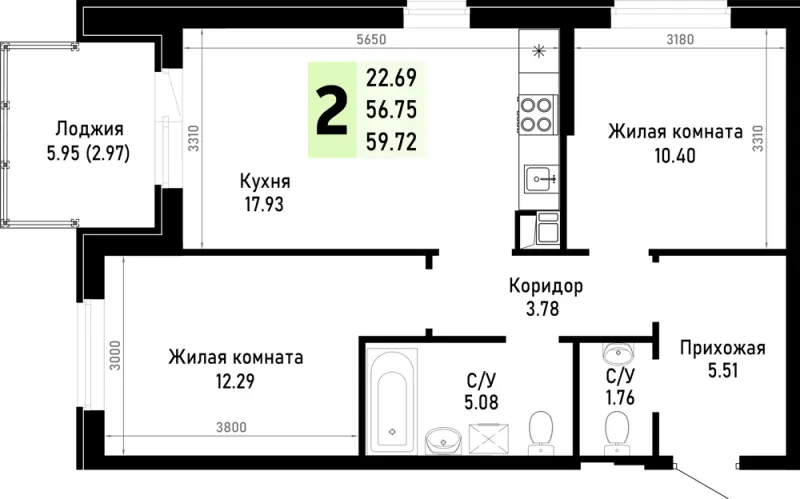 2-комн. 59.7 м²