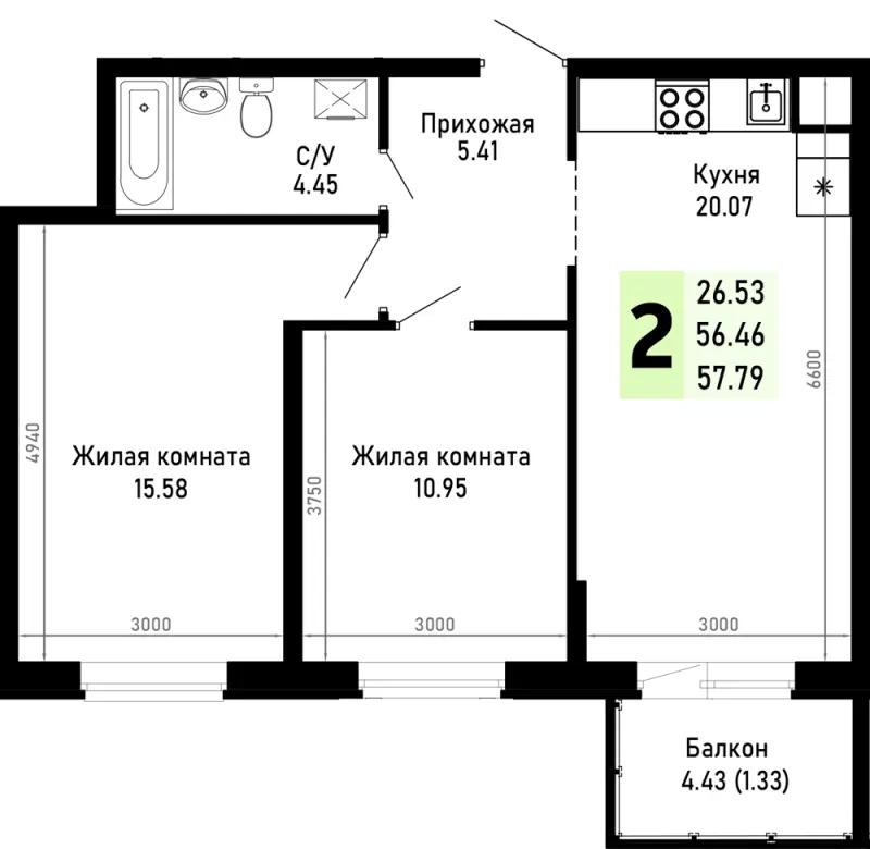 2-комн. 57.8 м²