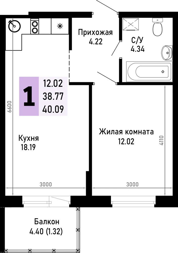 1-комн. 40.1 м²