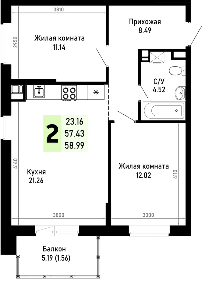 2-комн. 59 м²