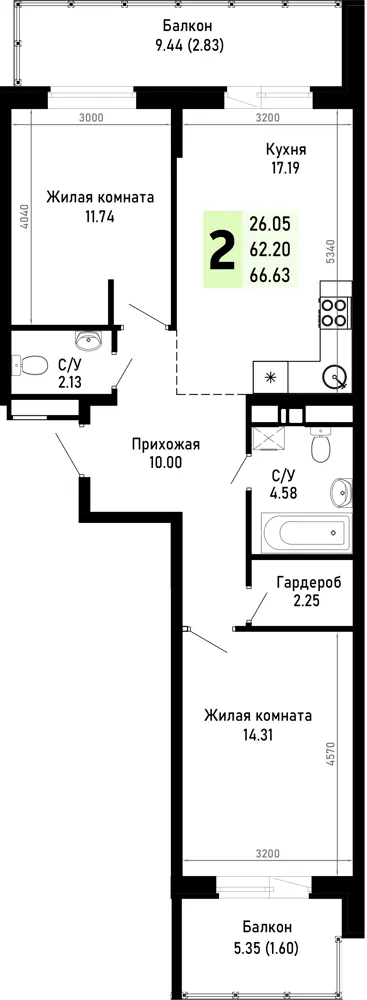 2-комн. 66.6 м²