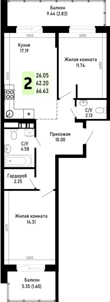 2-комн. 66.6 м²