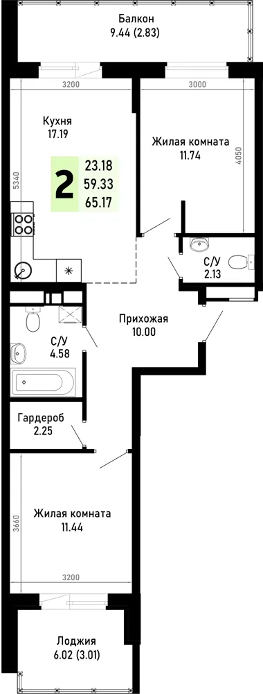 2-комн. 65.2 м²
