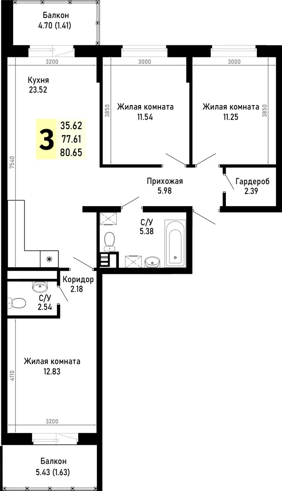 3-комн. 80.7 м²