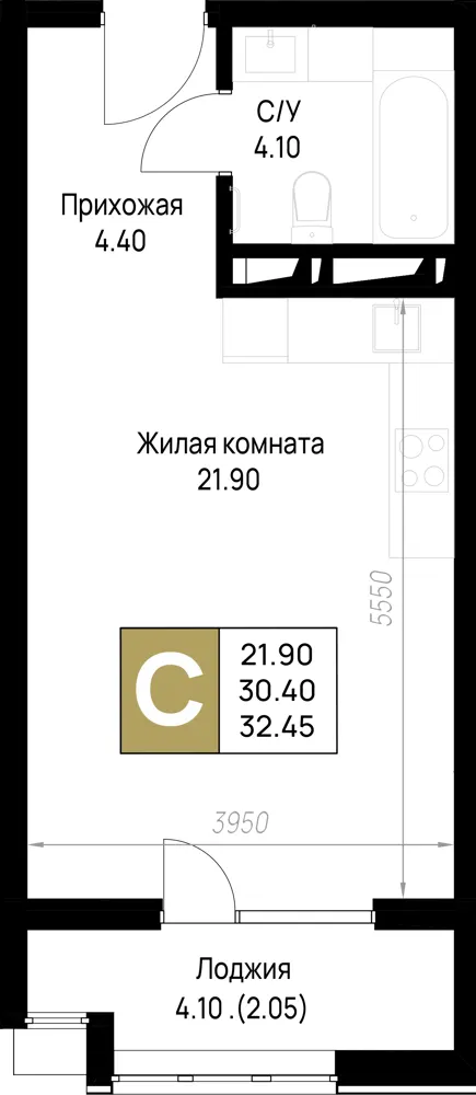 Студия 32.5 м²