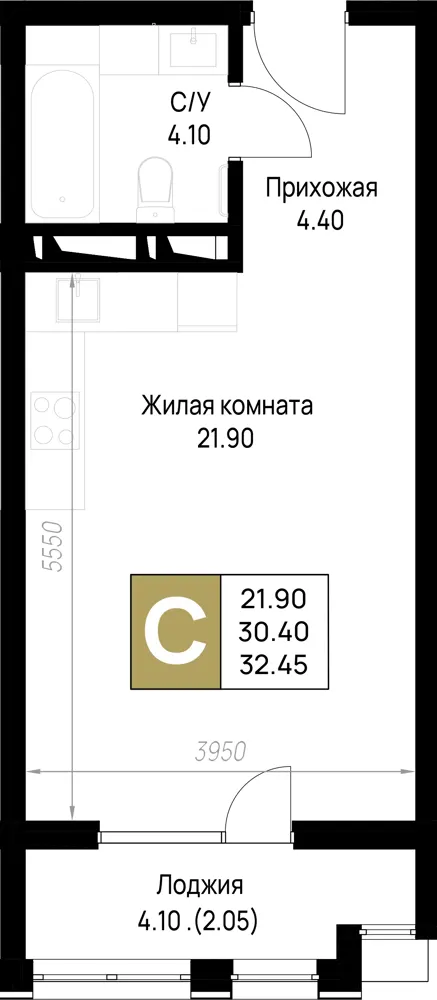 Студия 32.5 м²