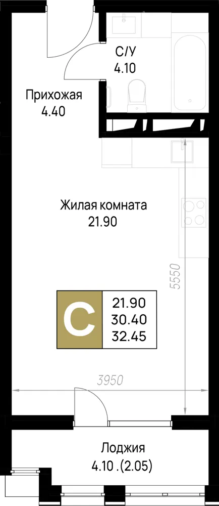 Студия 32.5 м²
