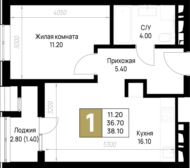 1-комн. 38.1 м²