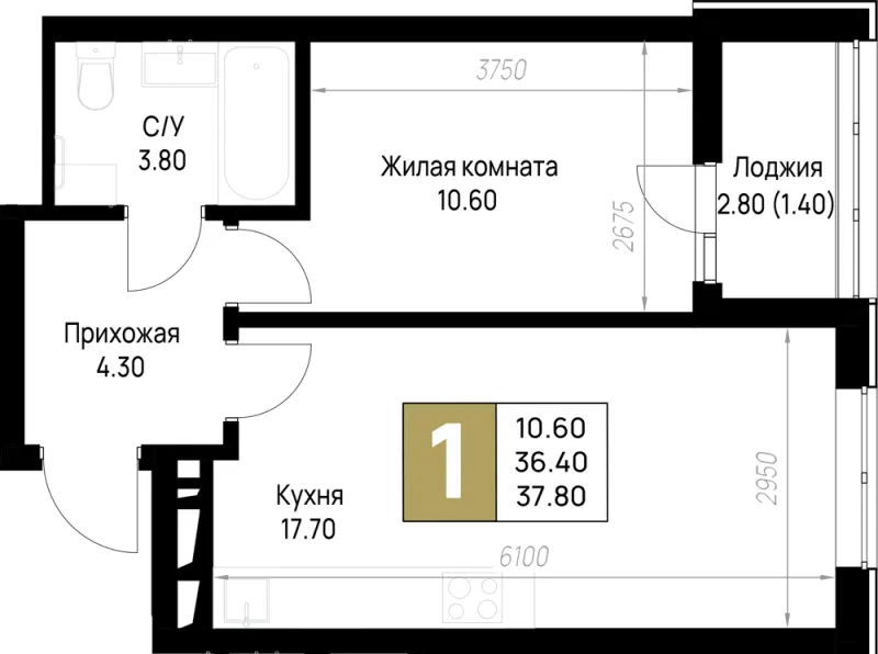 1-комн. 37.8 м²