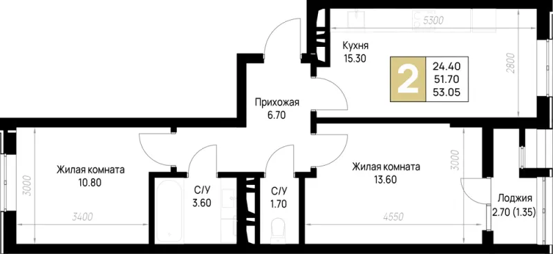 2-комн. 53.1 м²