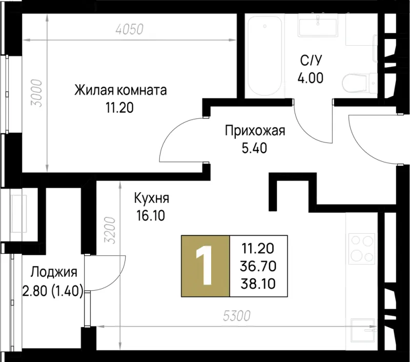 1-комн. 38.1 м²