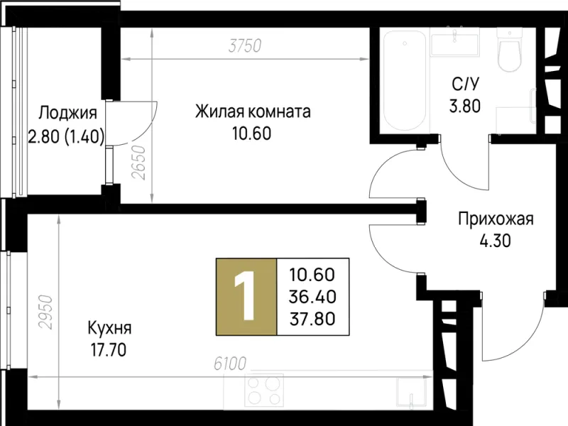 1-комн. 37.8 м²