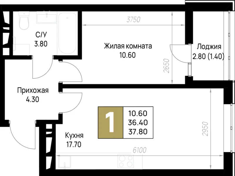 1-комн. 37.8 м²