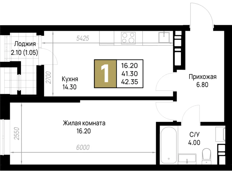 1-комн. 42.4 м²