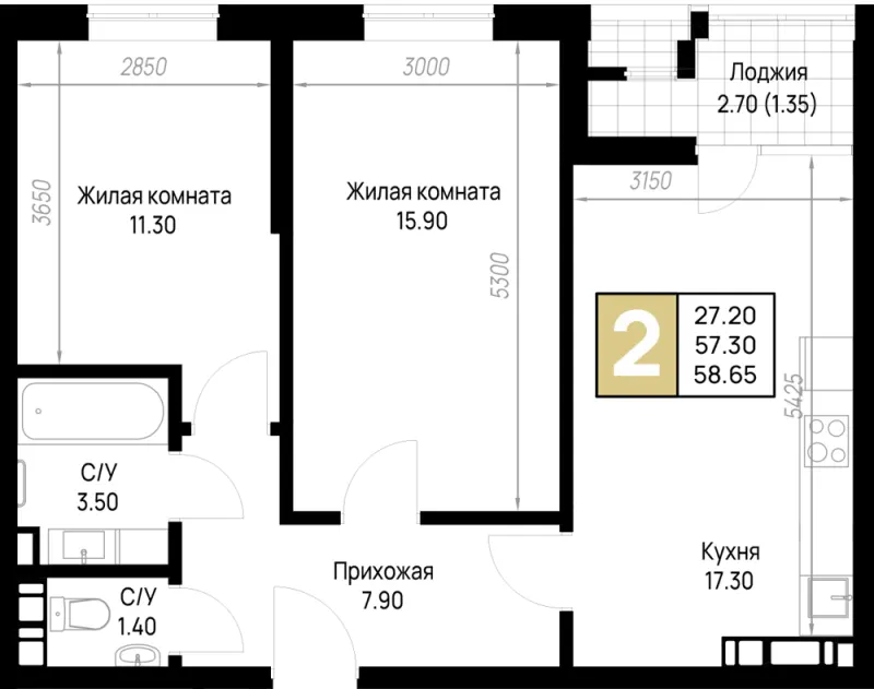 2-комн. 58.7 м²