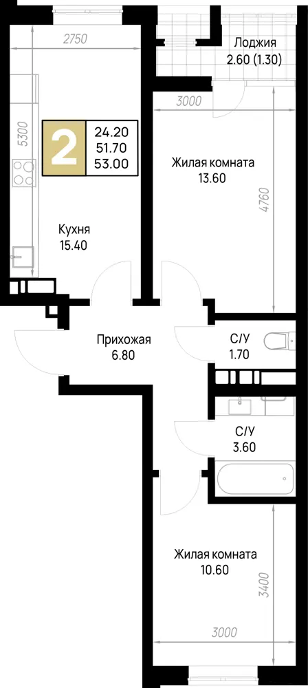 2-комн. 53 м²