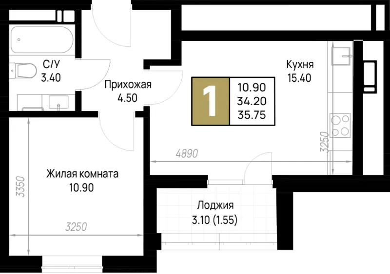 1-комн. 35.8 м²