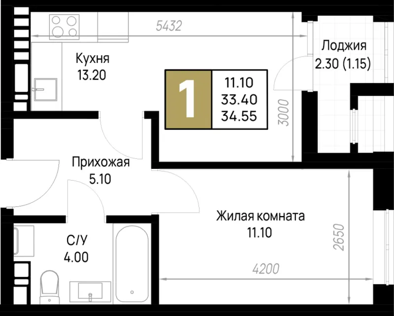 1-комн. 34.6 м²