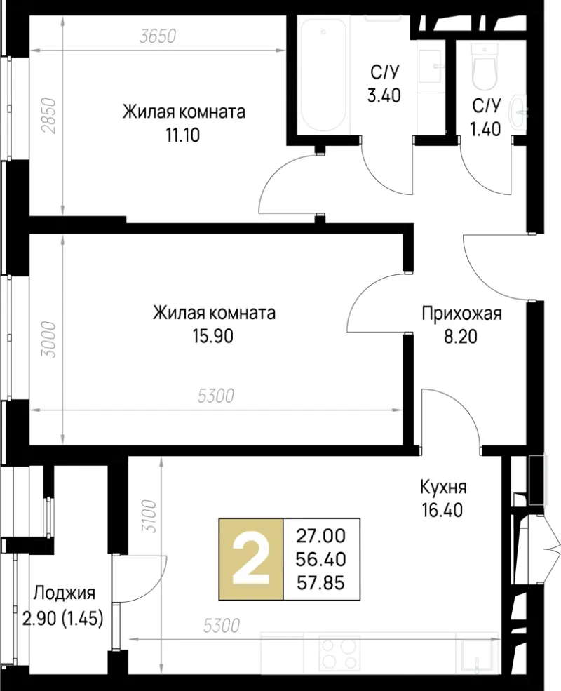 2-комн. 57.9 м²