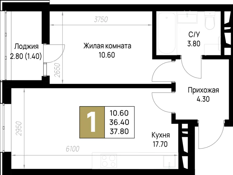 1-комн. 37.8 м²