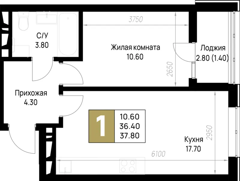 1-комн. 37.8 м²