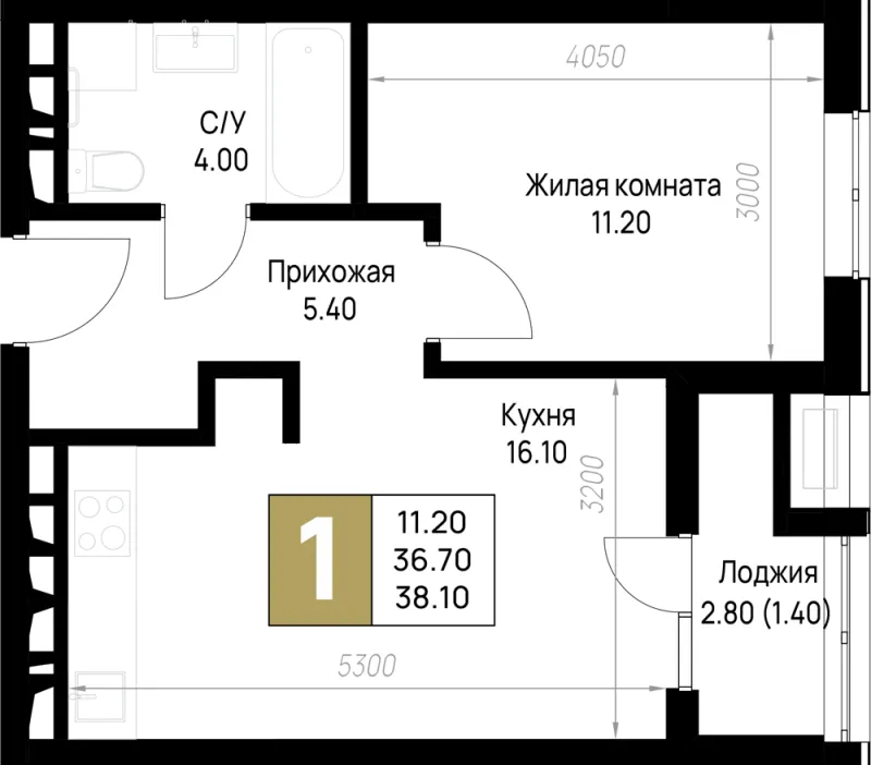 1-комн. 38.1 м²